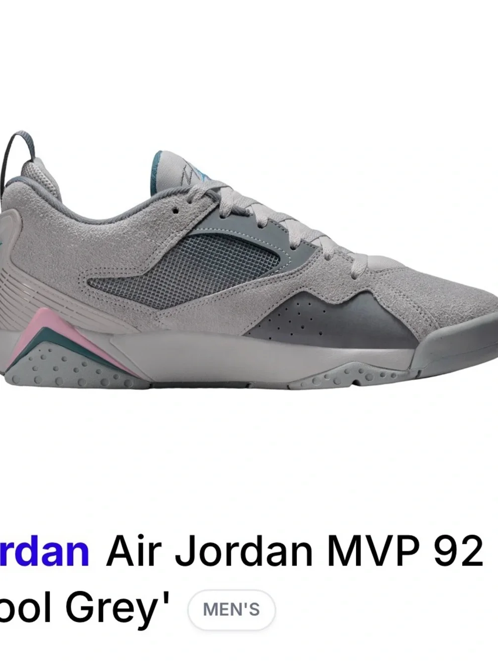 Jordan Men's MVP 92 Cool Grey Sneakers - Grey with Pink Accents